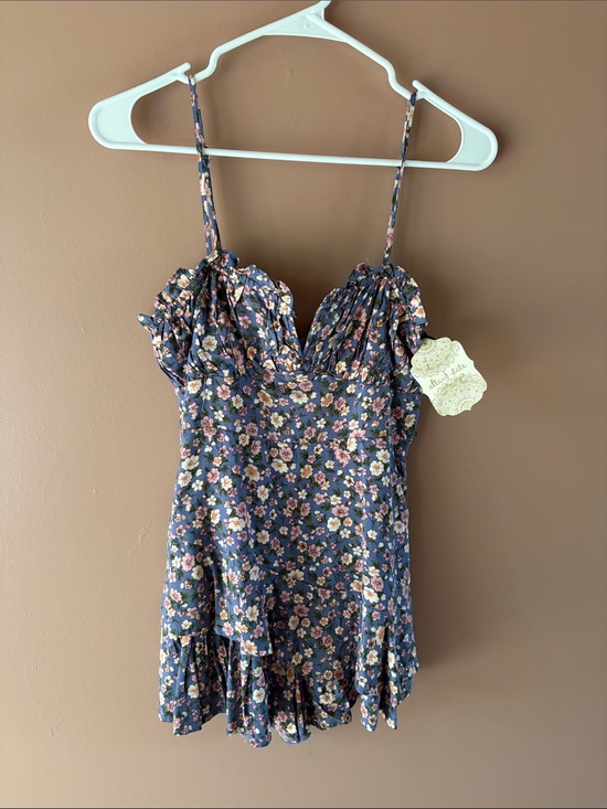 Altar'd State Pants - Altard State Navy Floral Ruffle Romper with Pink & Cream Detail Print